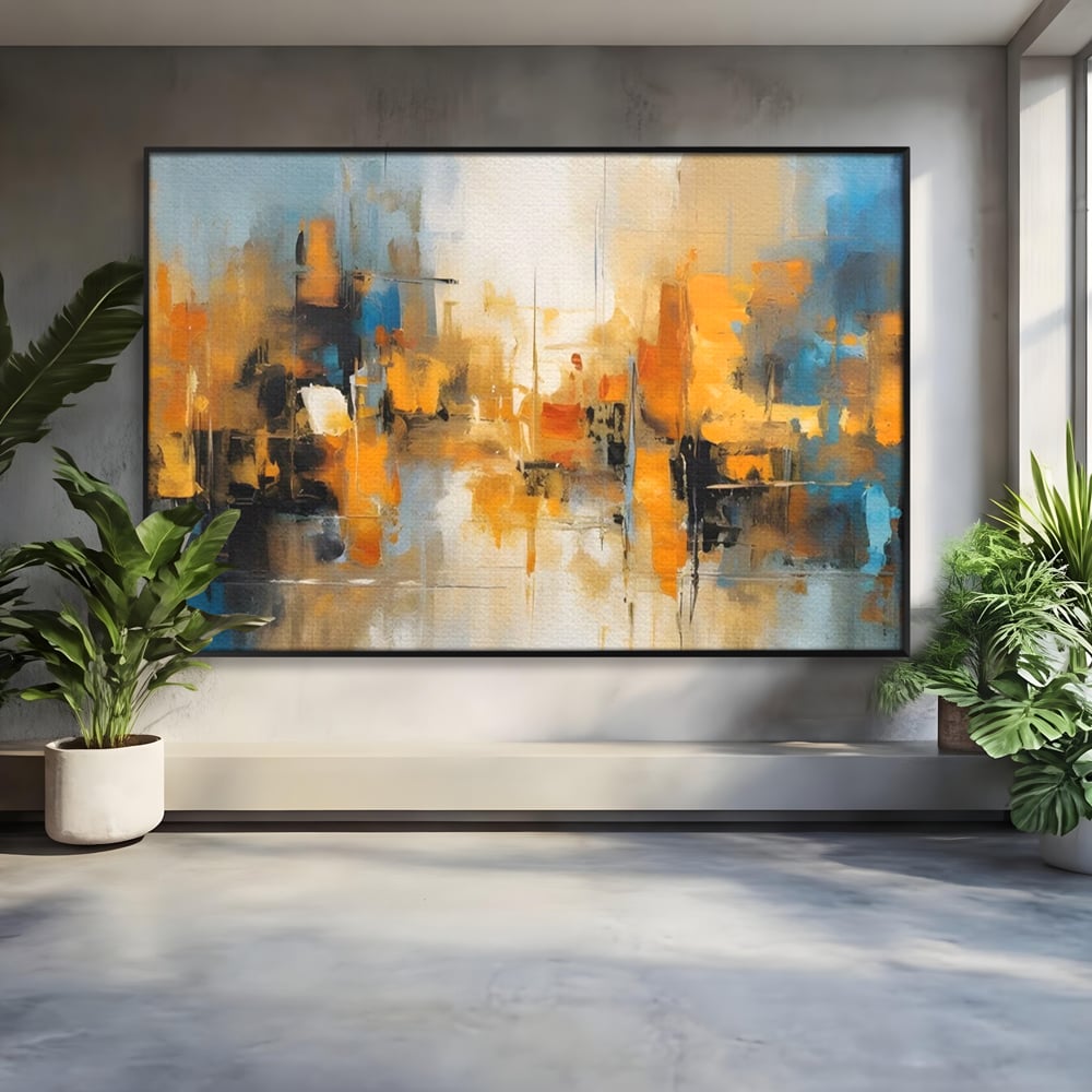 Tablou canvas cu pictura abstracta cu reflexii in apa, in rama de aluminiu negru